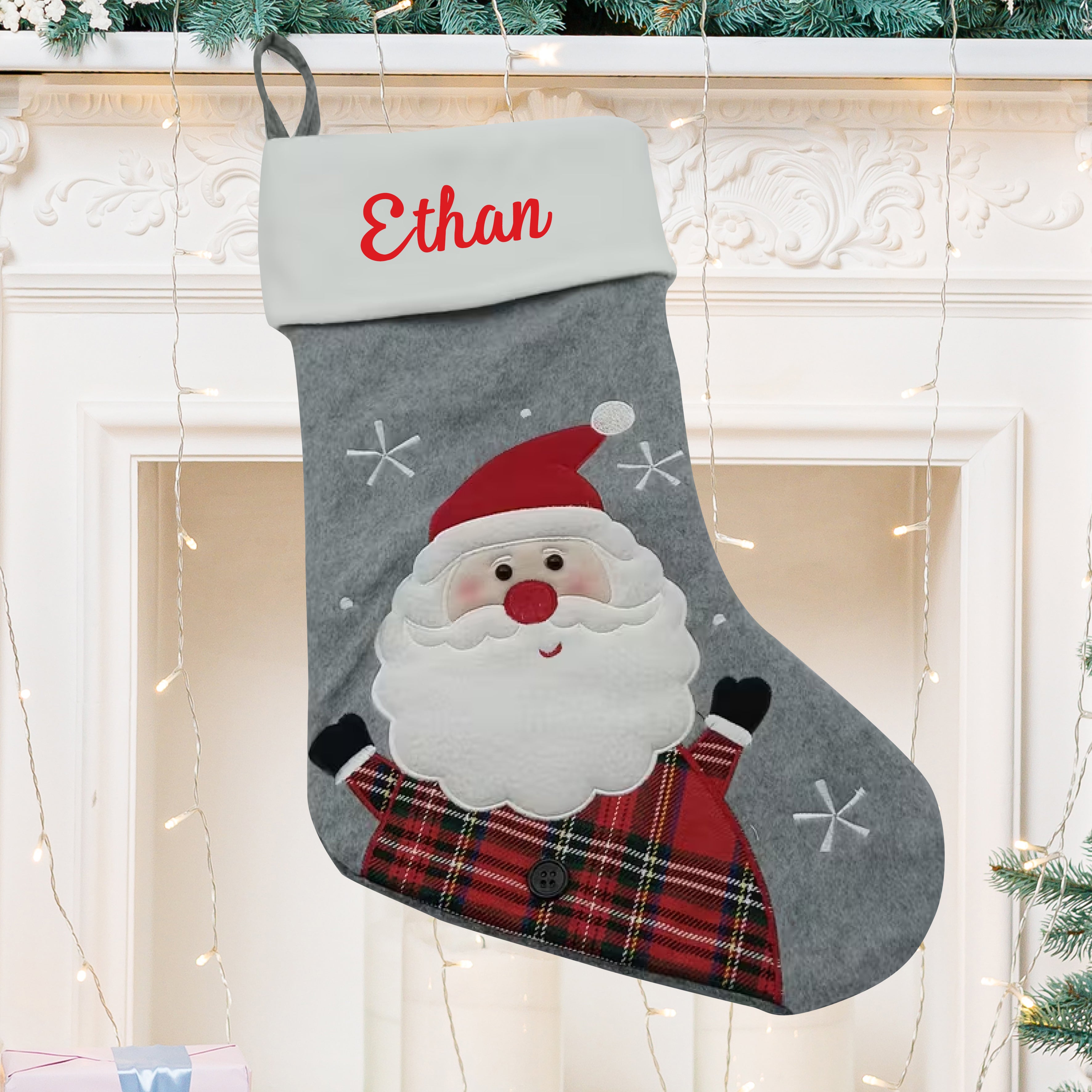 Personalised Classic Christmas Stocking with Santa, Grey