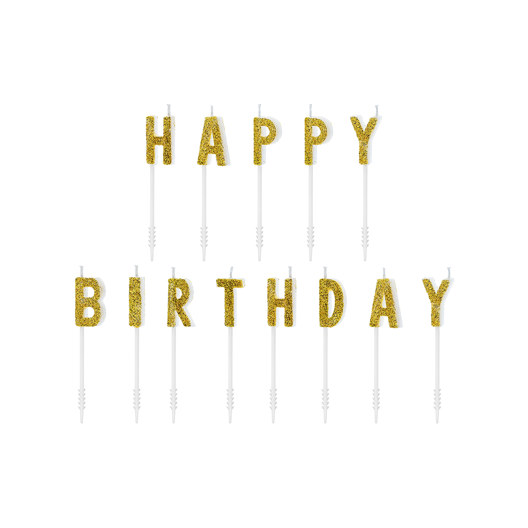 Birthday candles Happy Birthday - glitter gold, 13 pcs.