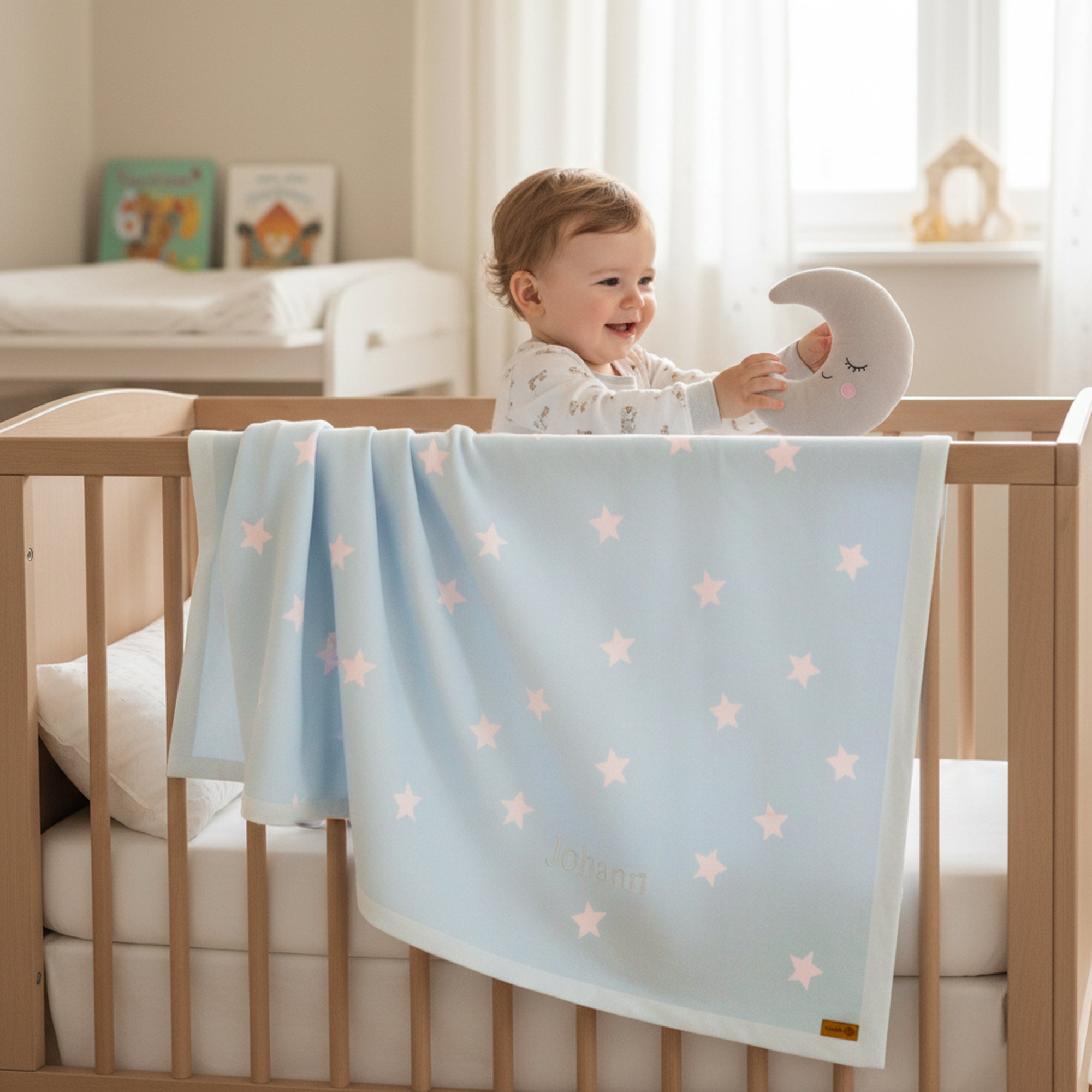 Personalised Baby Cotton Blanket with Stars - Light Blue