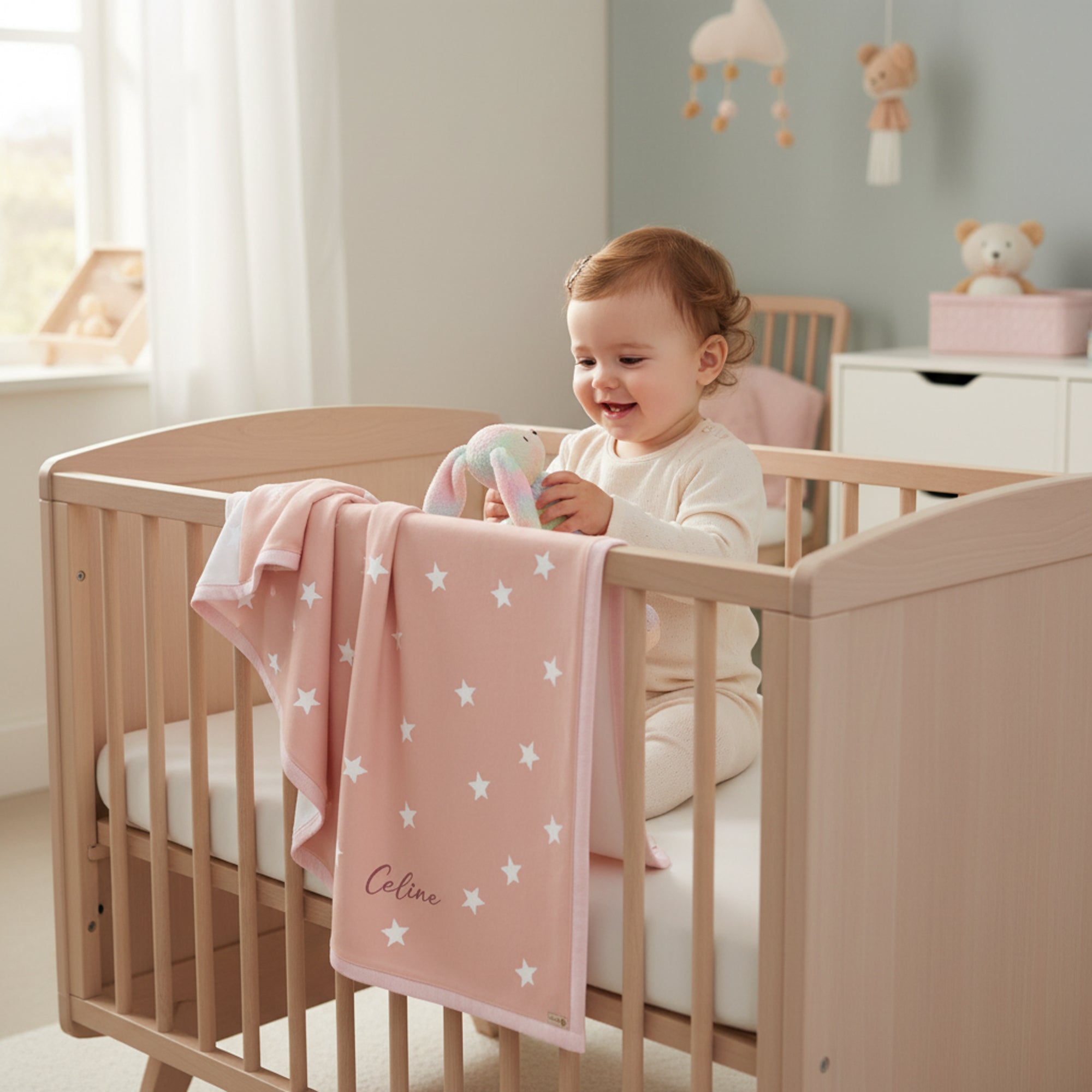 Personalised Baby Cotton Blanket with Stars - Light Pink