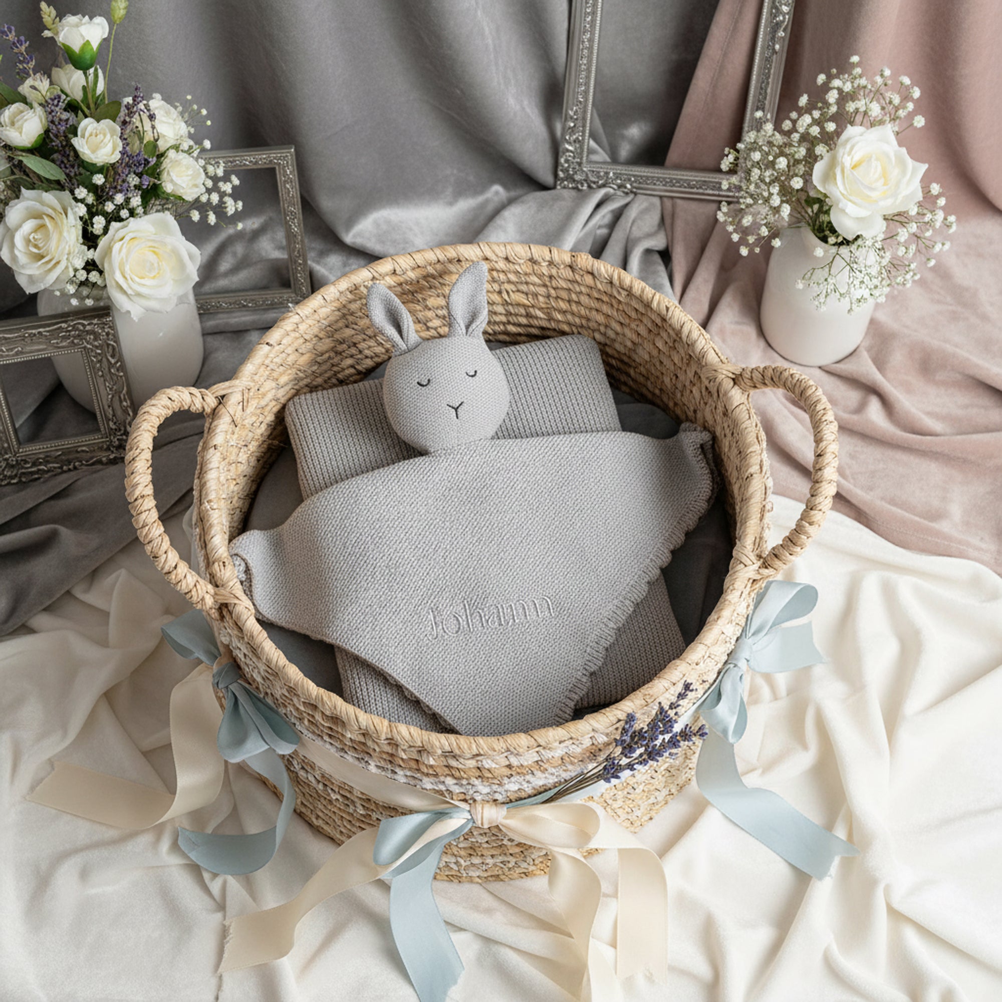 Personalised Baby Knitted Lovey Blanket - Grey