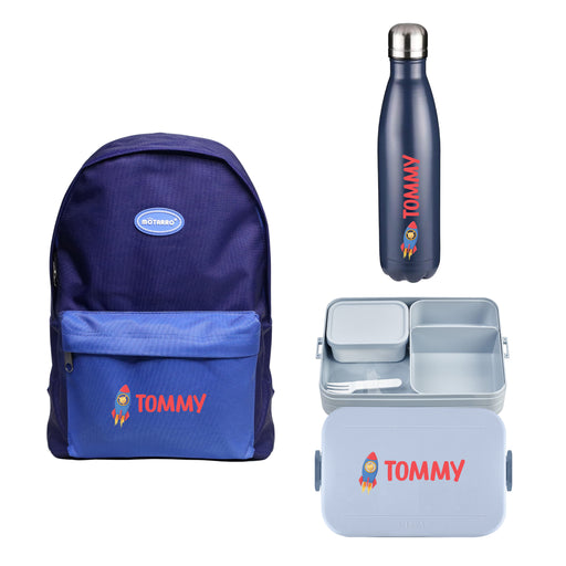 3-Pieces Backpack Set for Kids - Personalised Backpack with Personalised Lunch Box Bag and Navy Metal Insulated Water Bottle