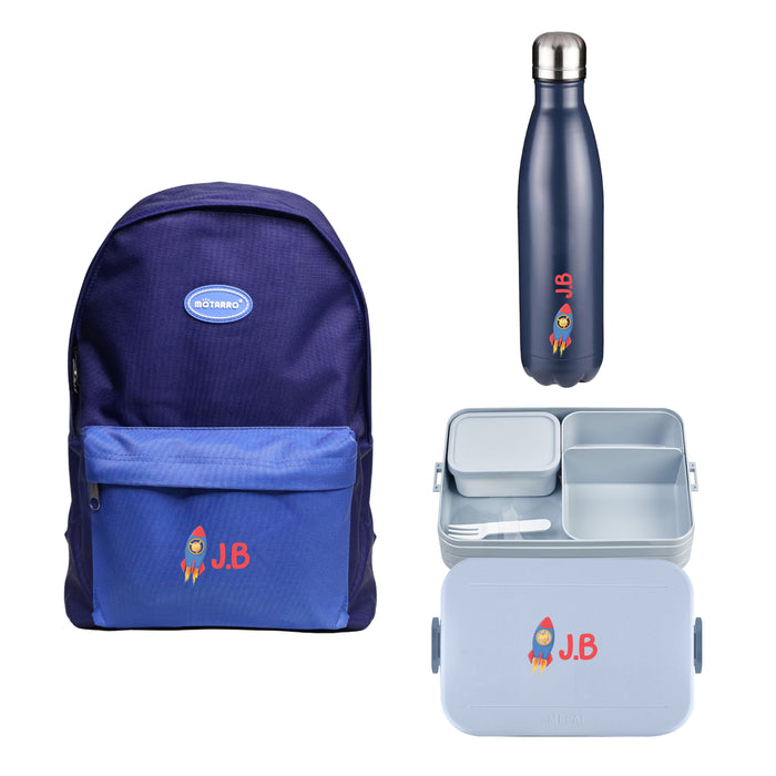 3-Pieces Backpack Set for Kids - Personalised Backpack with Personalised Lunch Box Bag and Navy Metal Insulated Water Bottle