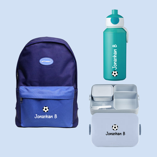 3-Pieces Backpack Bundle Football Design for Kids - Personalised Backpack with Personalised Lunch Box Bag and Water Bottle