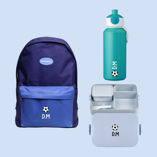 3-Pieces Backpack Bundle Football Design for Kids - Personalised Backpack with Personalised Lunch Box Bag and Water Bottle