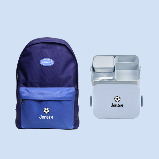 2-Pieces Backpack Bundle Football Design for Kids - Personalised Backpack with Personalised Lunch Box Bag and Water Bottle