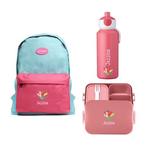 3-Pieces Backpack Bundle Mermaid Design for Kids - Personalised Backpack with Personalised Lunch Box Bag and Water Bottle