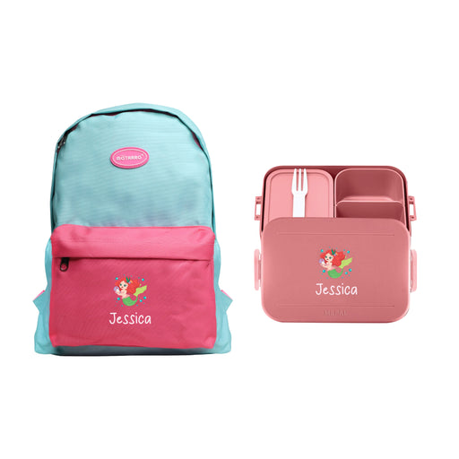 2-Pieces Backpack Bundle Mermaid Design for Kids - Personalised Backpack with Personalised Lunch Box Bag and Water Bottle