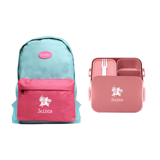 2-Pieces Backpack Bundle Rainbow Unicorn Design for Kids - Personalised Backpack with Personalised Lunch Box Bag and Water Bottle