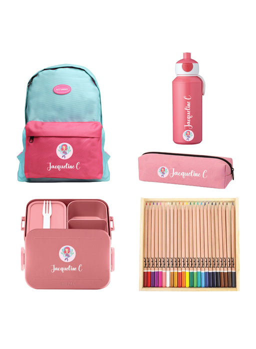 5 Pieces Back To School Bundle - Personalised Backpack, water bottle,Lunch Box,pencil Case and 24 Pencils