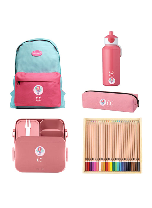 5 Pieces Back To School Bundle - Personalised Backpack, water bottle,Lunch Box,pencil Case and 24 Pencils