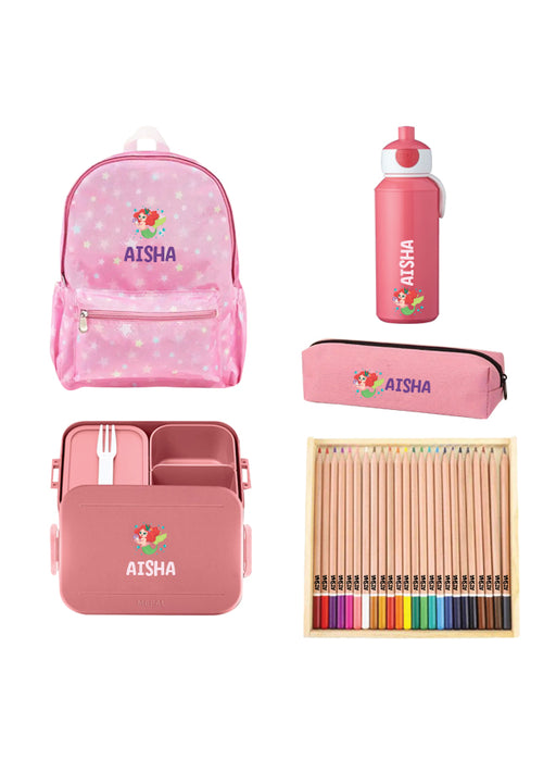 5 Pieces Back To School Bundle - Personalised Backpack, water bottle,Medium Lunch Box,pencil Case and 24 Pencils