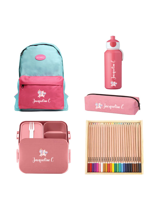 5 Pieces Back To School Bundle - Personalised Backpack, Water Bottle with Medium Lunch Box,pencil Case and 24 Pencils