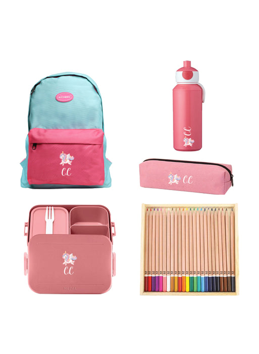 5 Pieces Back To School Bundle - Personalised Backpack, Water Bottle with Medium Lunch Box,pencil Case and 24 Pencils