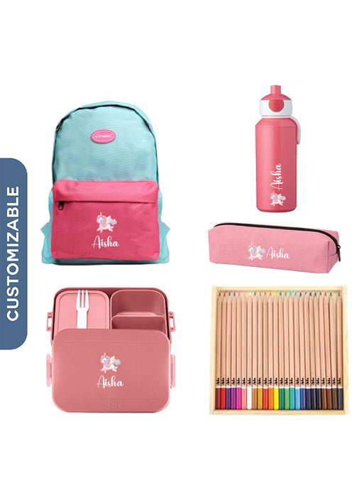 5 Pieces Back To School Bundle - Personalised Backpack, Water Bottle with Medium Lunch Box,pencil Case and 24 Pencils