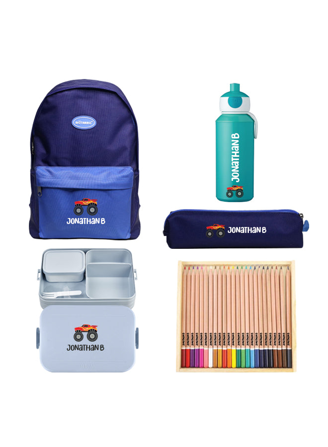 5 Pieces Back To School Bundle - Personalised Backpack, Water Bottle, Large Lunch Box,pencil Case and 24 Pencils