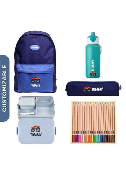 5 Pieces Back To School Bundle - Personalised Backpack, Water Bottle, Large Lunch Box,pencil Case and 24 Pencils