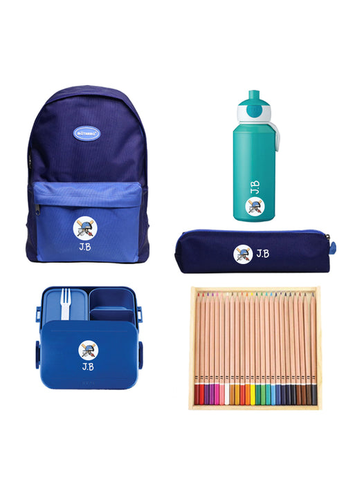 5 Pieces Back To School Bundle - Personalised Backpack, Water Bottle, Medium Lunch Box,pencil Case and 24 Pencils