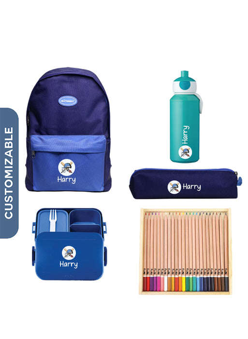 5 Pieces Back To School Bundle - Personalised Backpack, Water Bottle, Medium Lunch Box,pencil Case and 24 Pencils