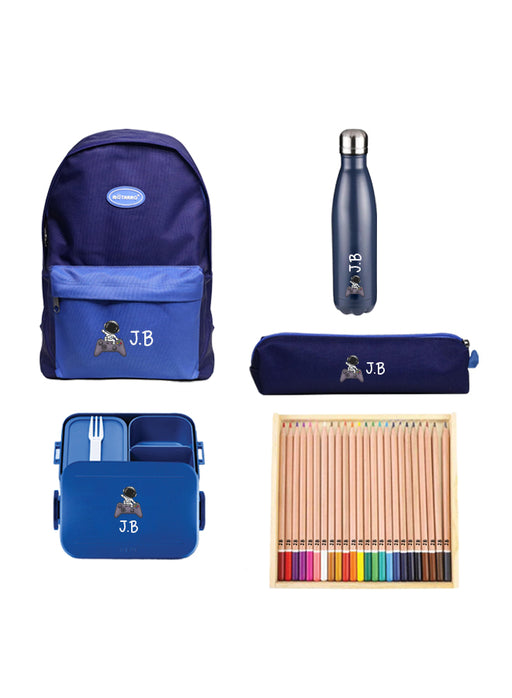 5 Pieces Back To School Bundle - Personalised Backpack with Personalised Water Bottle, Medium Lunch Box,pencil Case and 24 Pencils