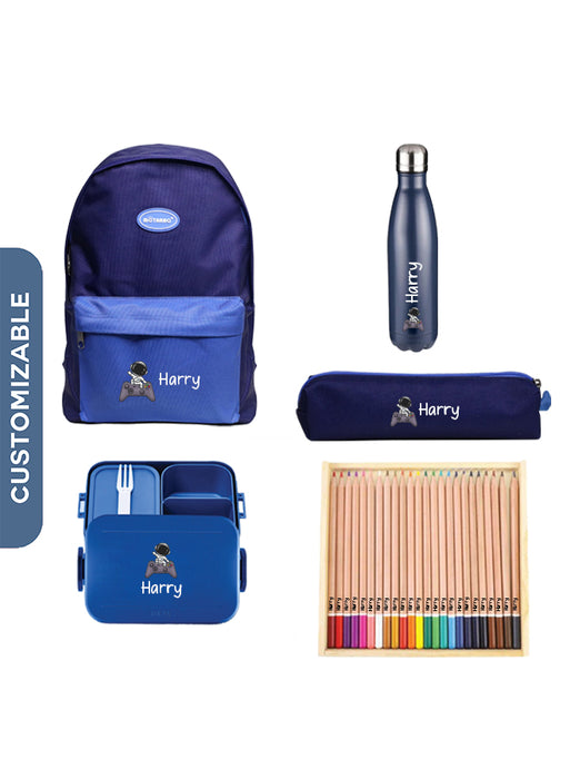 5 Pieces Back To School Bundle - Personalised Backpack with Personalised Water Bottle, Medium Lunch Box,pencil Case and 24 Pencils