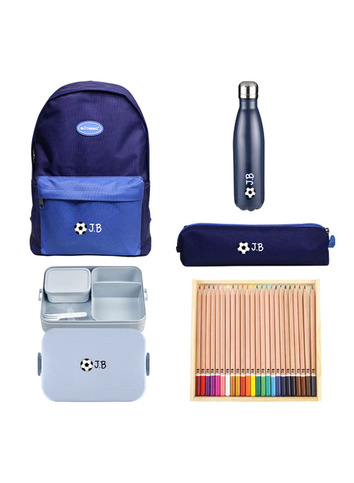 5 Pieces Back To School Bundle - Personalised Backpack with Personalised Water Bottle, Large Lunch Box, Pencil Case and 24 Pencils