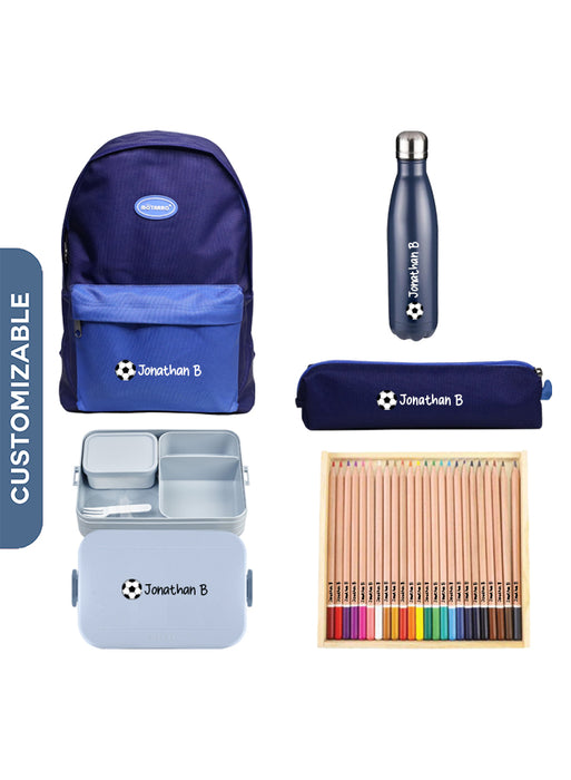 5 Pieces Back To School Bundle - Personalised Backpack with Personalised Water Bottle, Large Lunch Box, Pencil Case and 24 Pencils