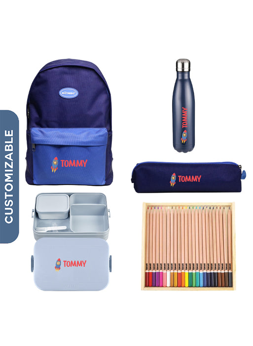 5 Pieces Back To School Bundle - Personalised Backpack with Personalised Water Bottle, Large Lunch Box, Pencil Case and 24 Coloured Pencils