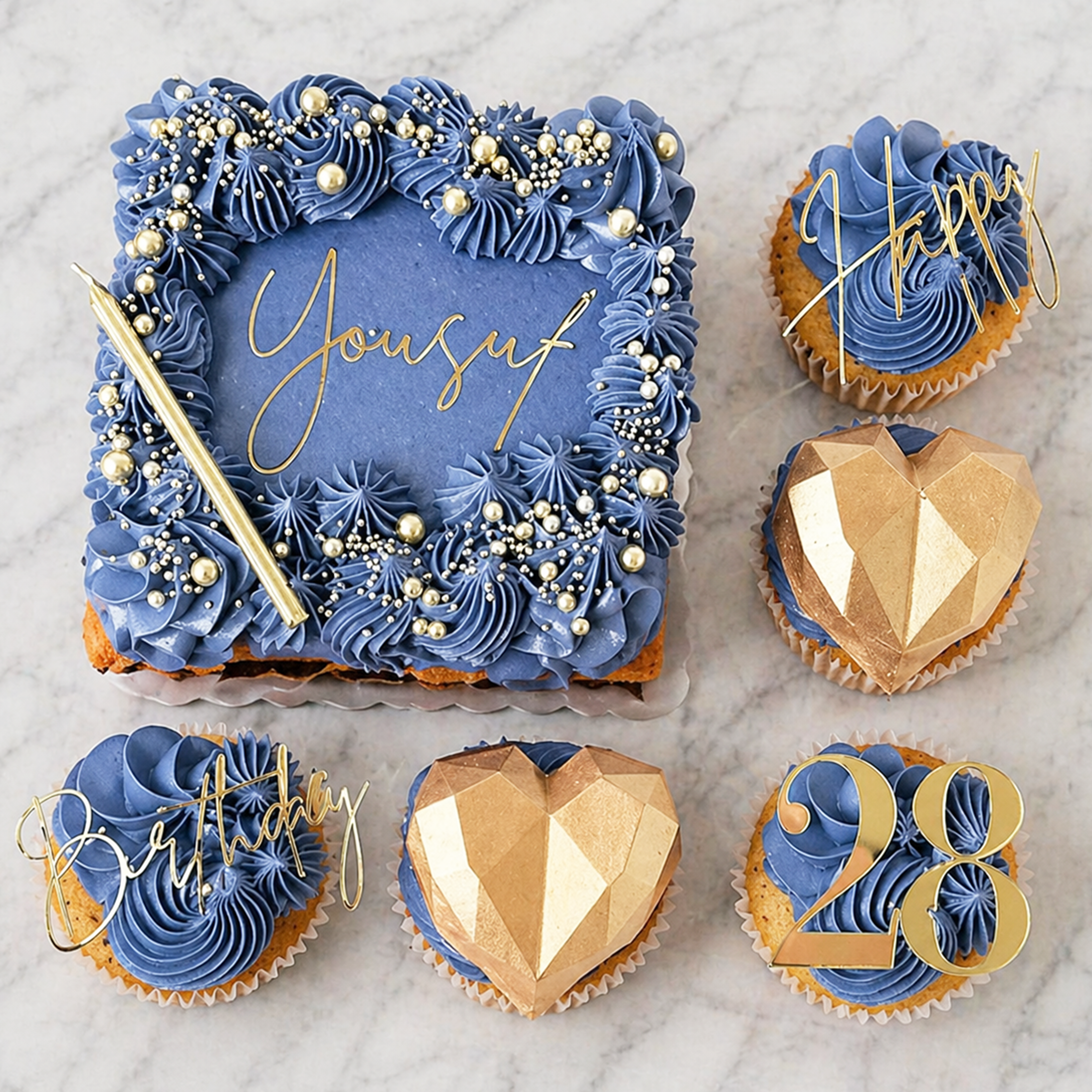 Gold Dusted Blue Bento Cake with Cupcakes