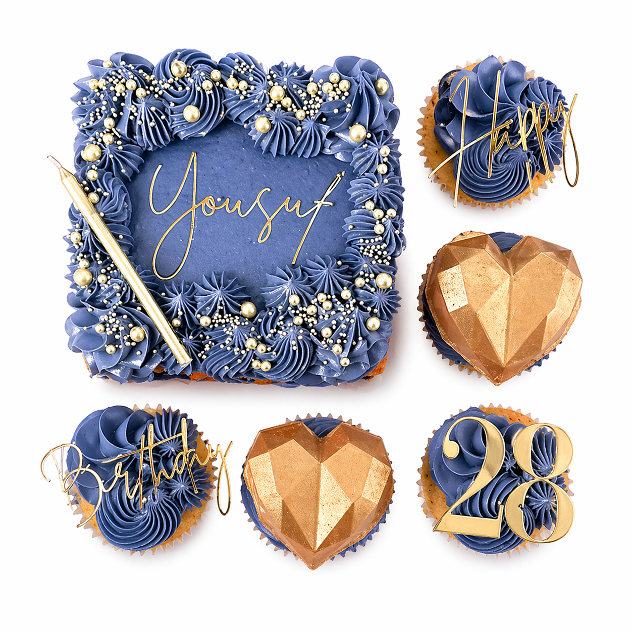 Gold Dusted Blue Bento Cake with Cupcakes