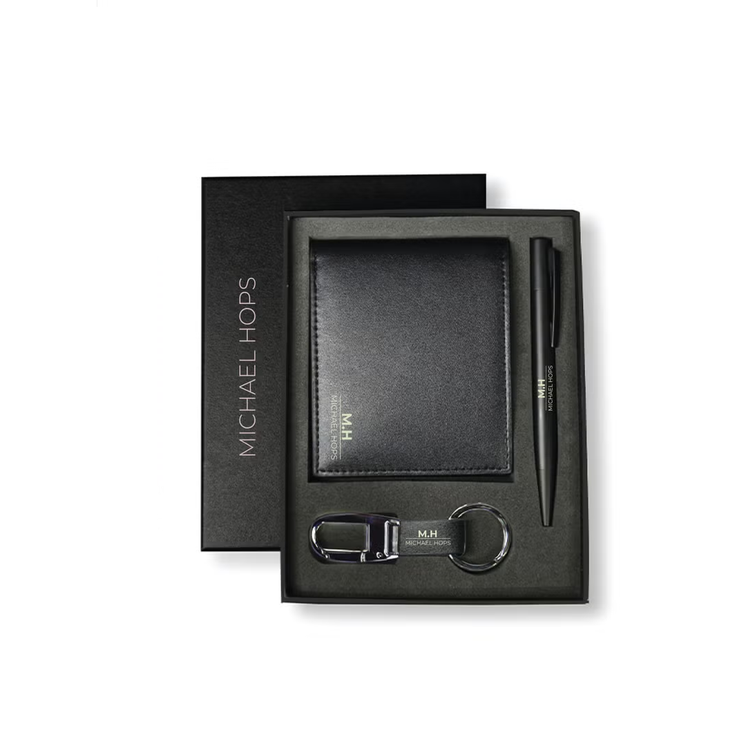 Personalised BIBURY - Set of Men's Wallet, Key Chain and Pen - Black