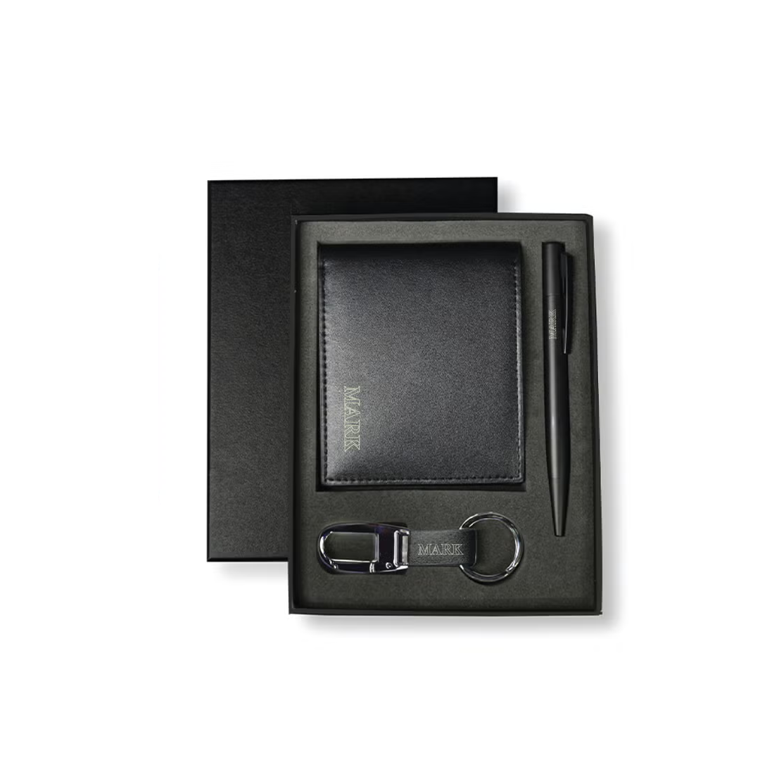 Personalised BIBURY - Set of Men's Wallet, Key Chain and Pen - Black