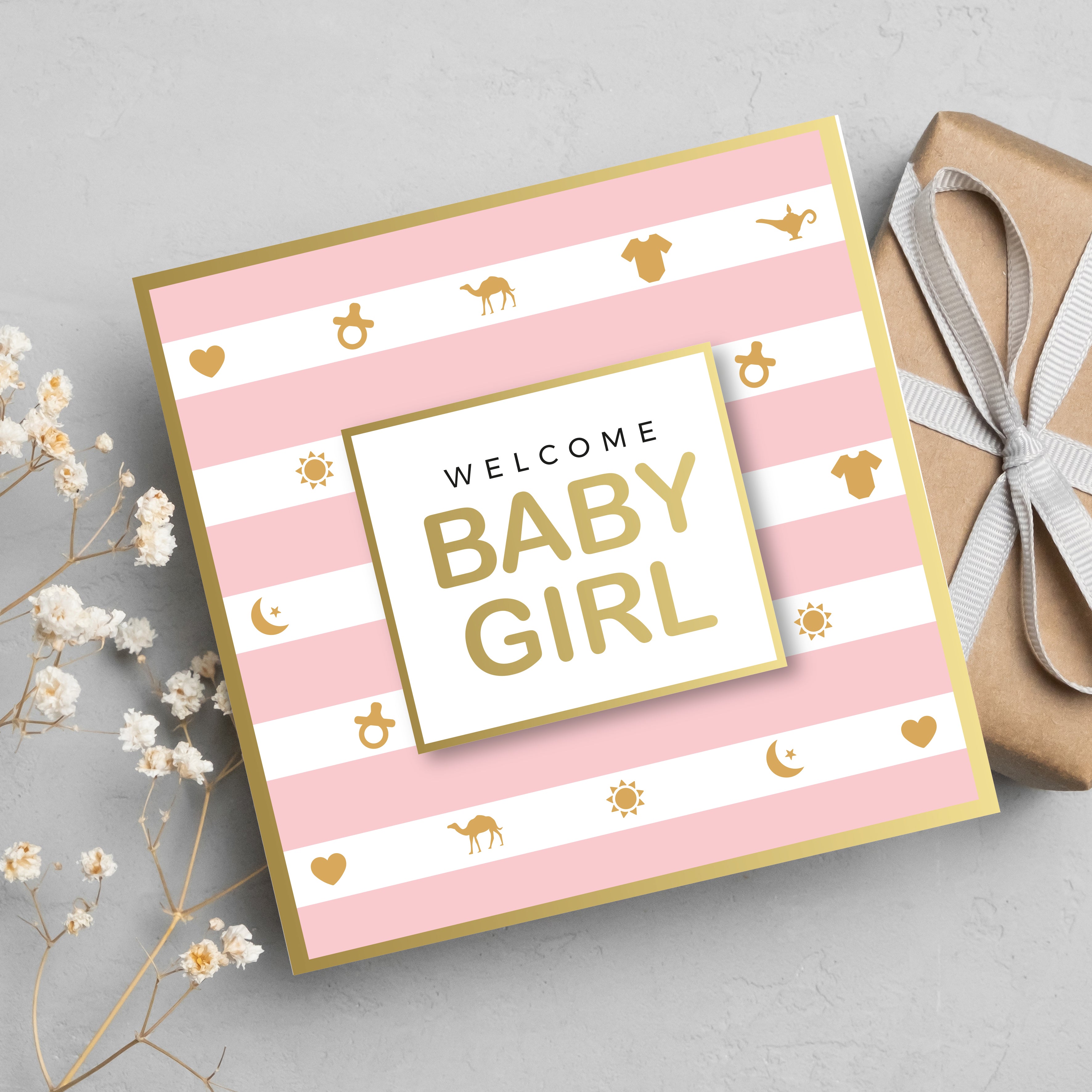 Welcome Baby Girl, New Born Gold Foil Greeting Card