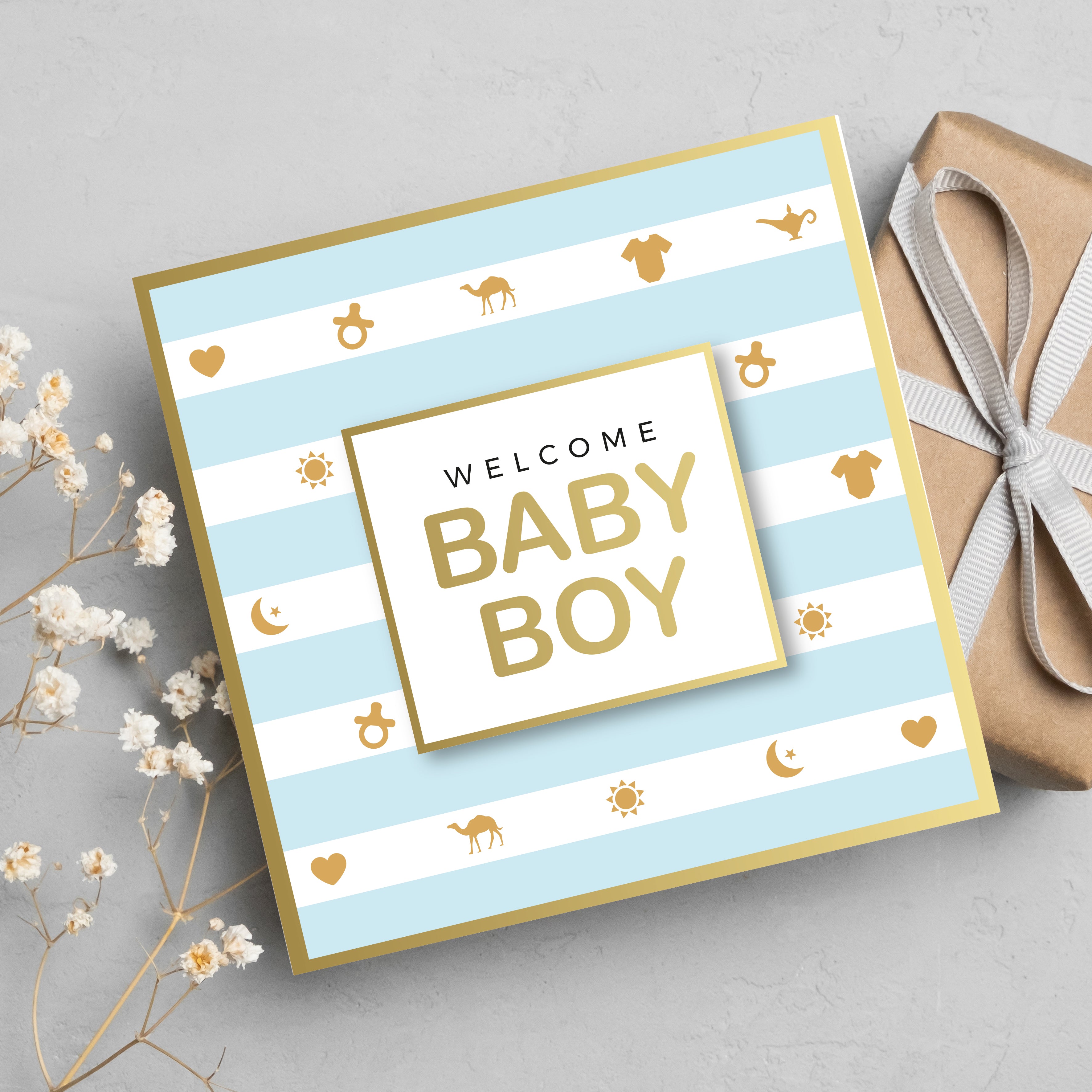 Welcome Baby Boy, New Born Gold Foil Greeting Card