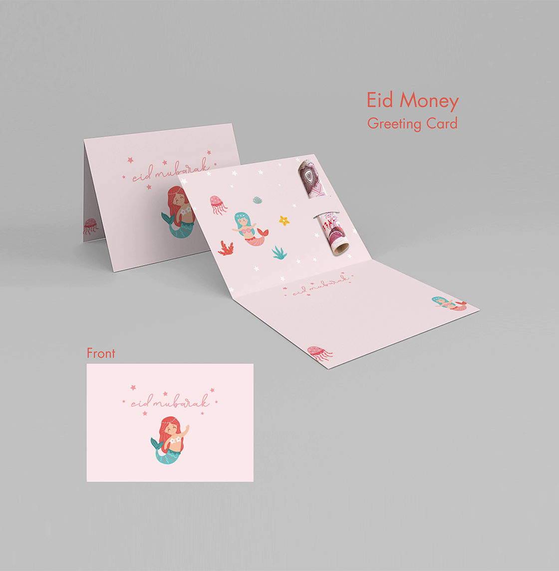 Eid Money Greeting Card, Pink Mermaid