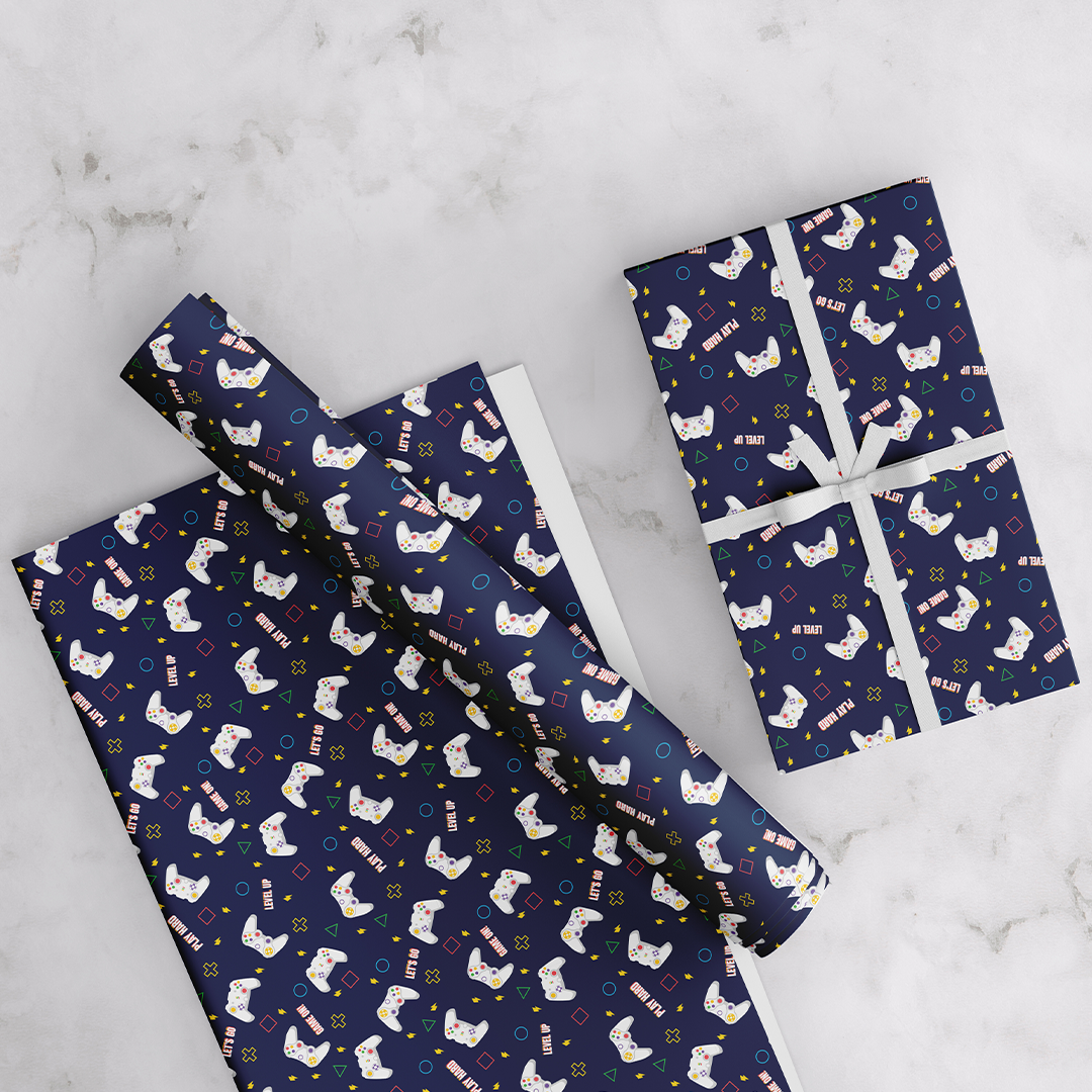 GAMER THEME WRAPPING PAPER, BLUE