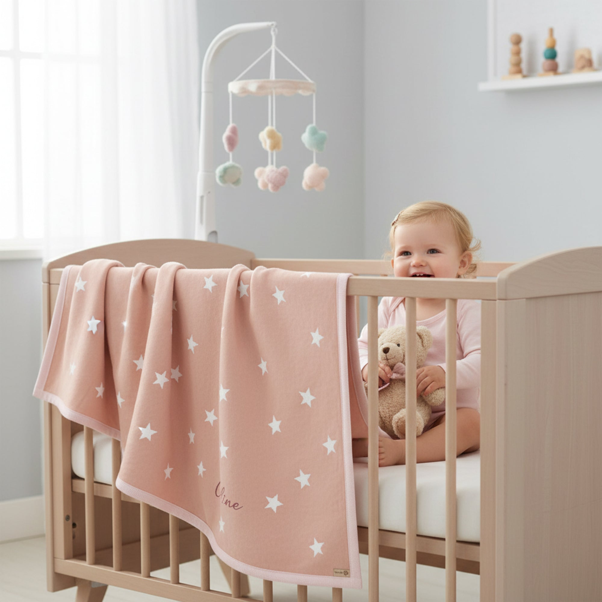 Personalised Baby Cotton Blanket with Stars - Light Pink