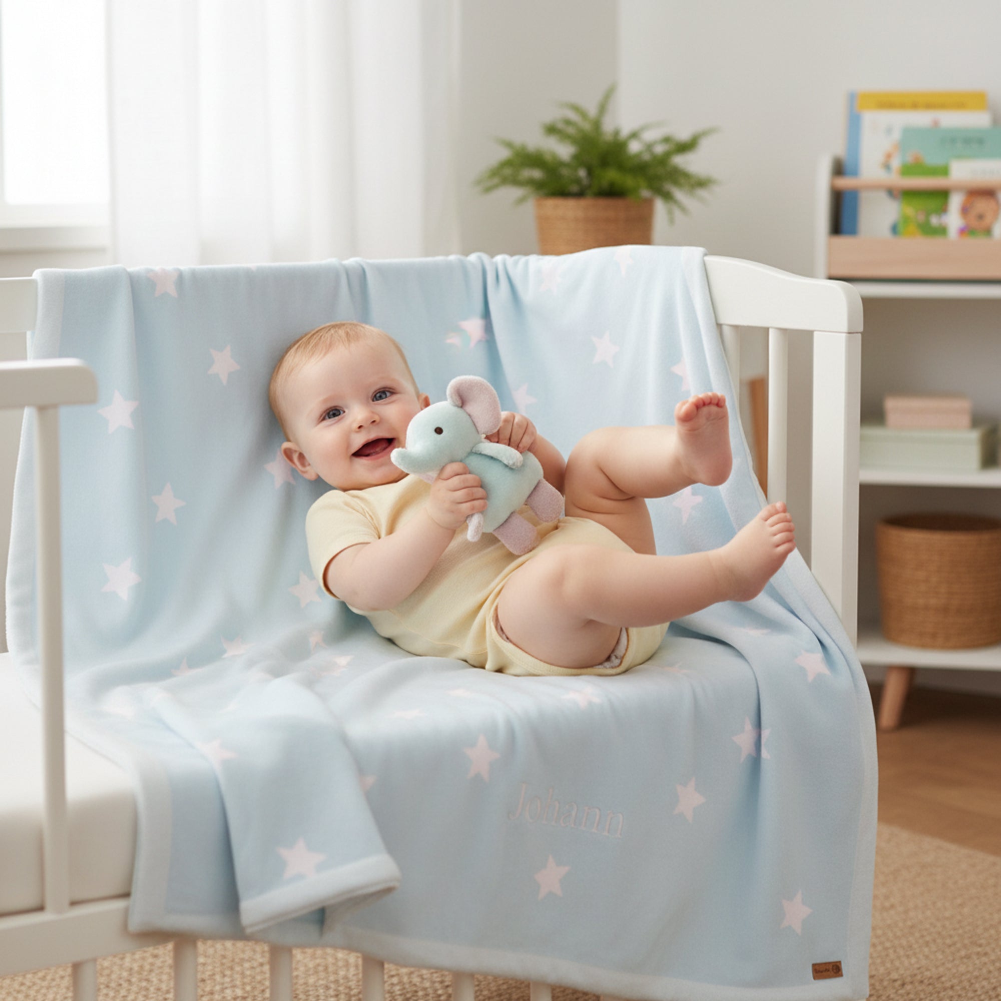 Personalised Baby Cotton Blanket with Stars - Light Blue