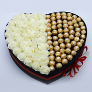 Heart-shaped box of white roses with Ferrero Rocher